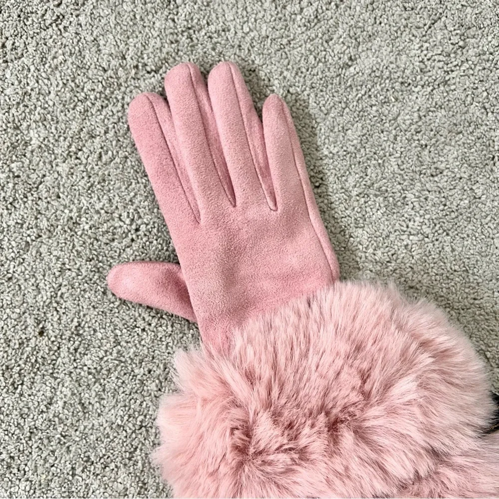 Super-Soft Faux Suede Pink Gloves Faux Rabbit Fur Tech Touch Fingers Size S